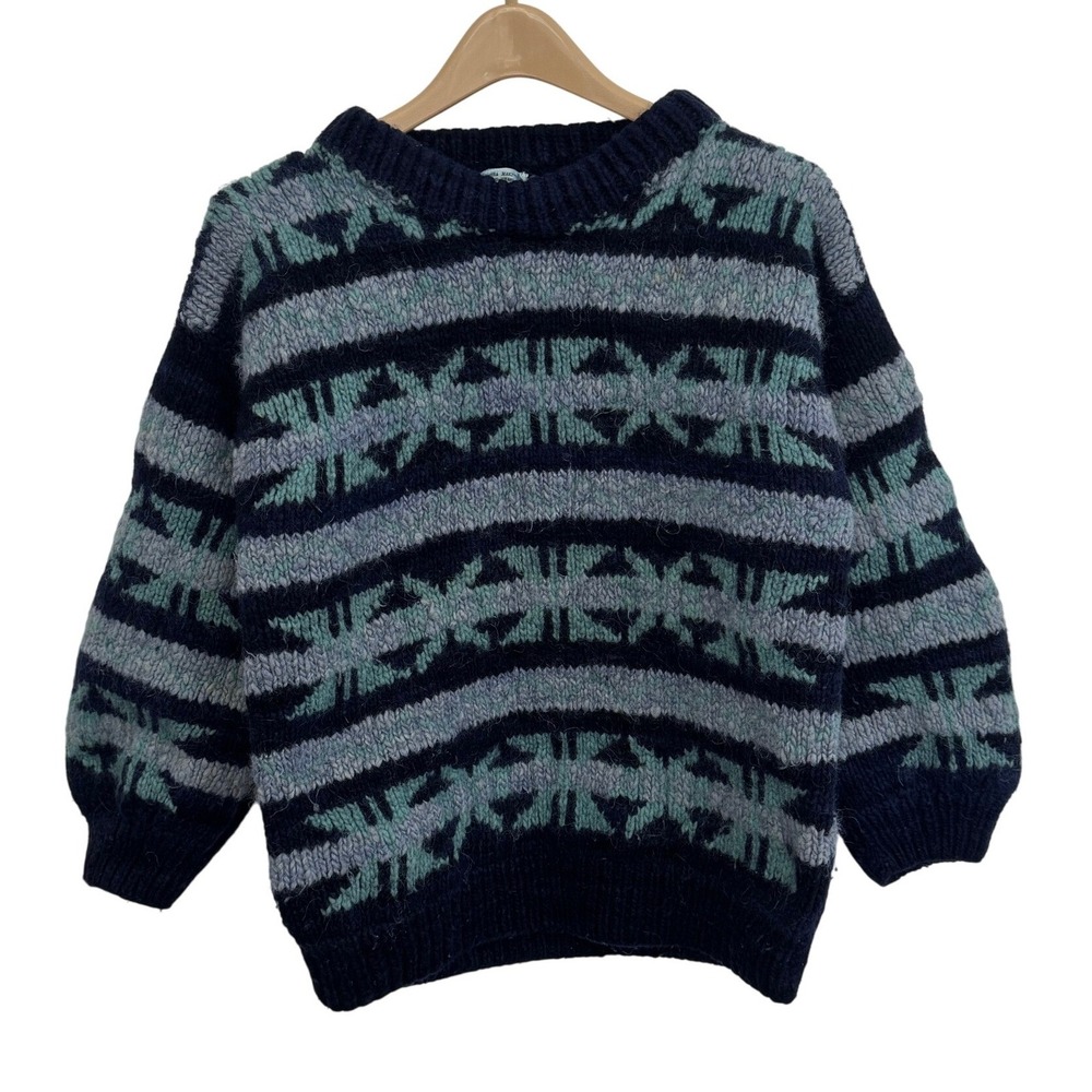 Hand Knit Wool Sweater Geometric Pattern Navy Blue Teal‎ Gray Pullover